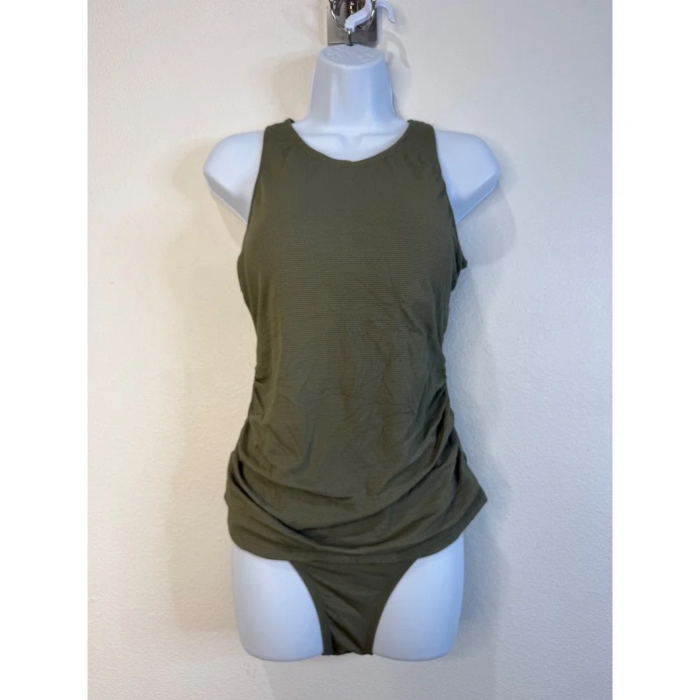 Cupshe Olive Green Ribbed Tankini Set High Neck Mesh Cutout Back Size M